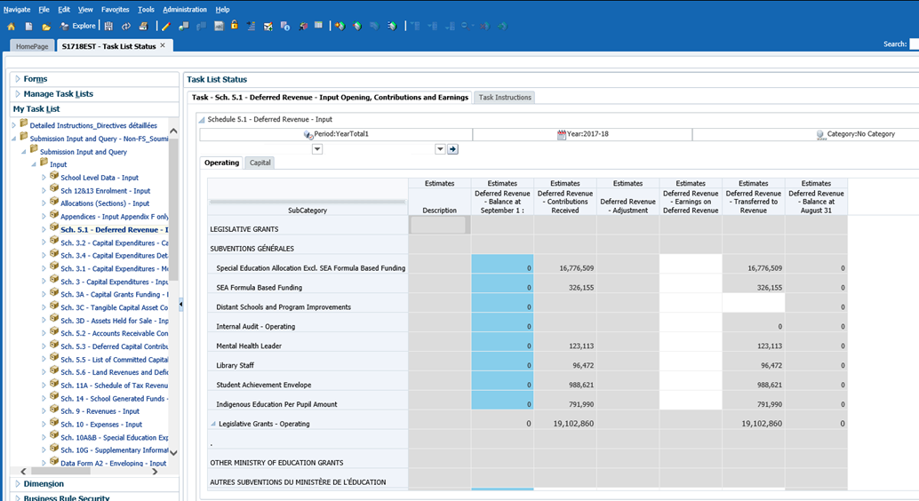 Displaying schedule 5.1 and its operating and capital tabs